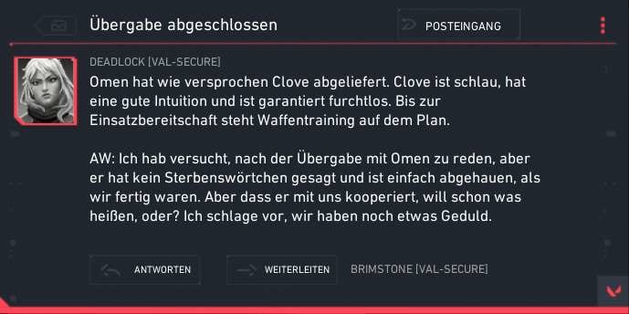 An easter egg email from Deadlock, available in the Range. The email describes Clove as "fearless."